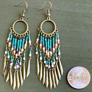 Boho Vintage Gold Teal Orange Luster Beads Dagger Charms Tassels Dangle Earrings